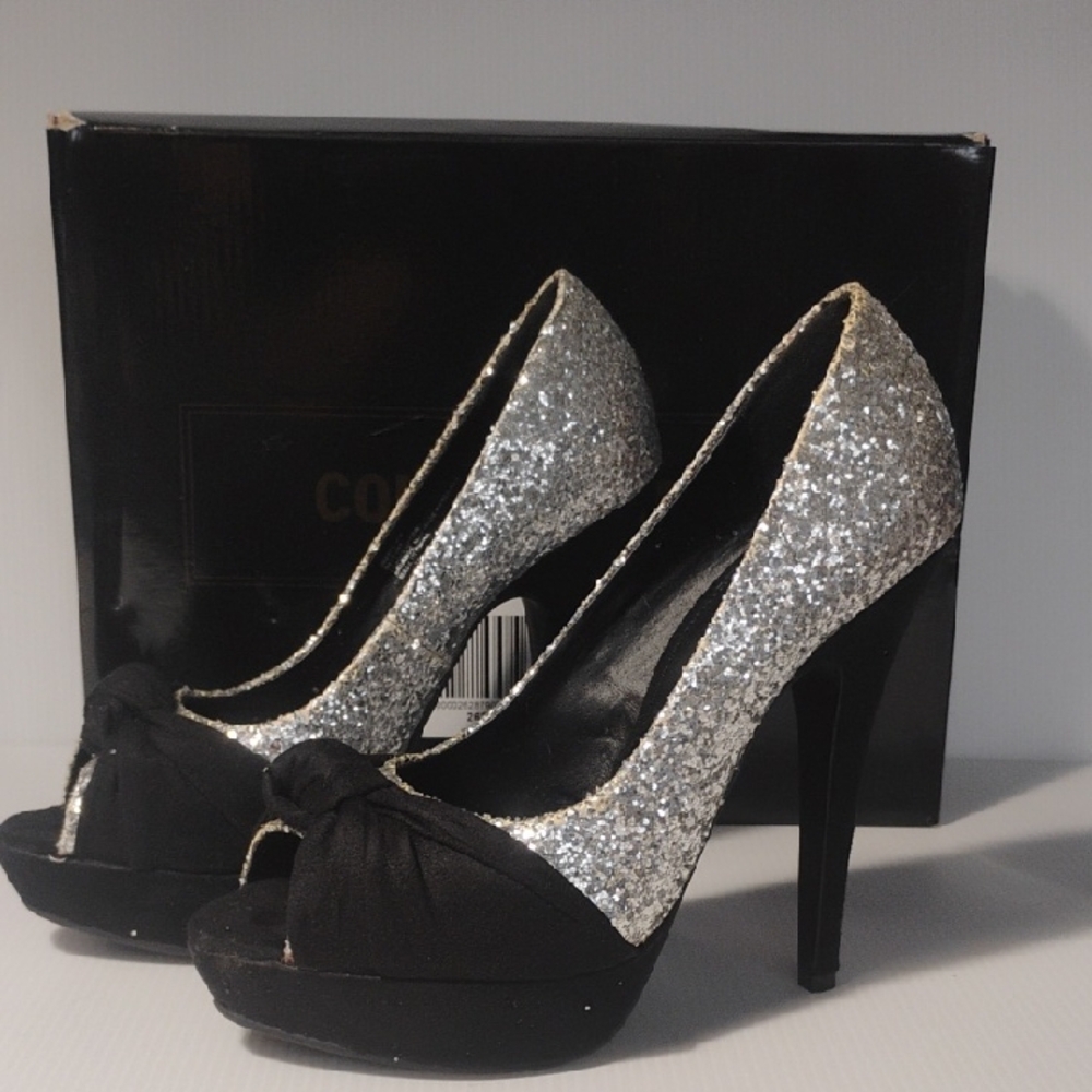 Colin Stuart Black And Silver Glitter Platform Heels New In Box Size 7
